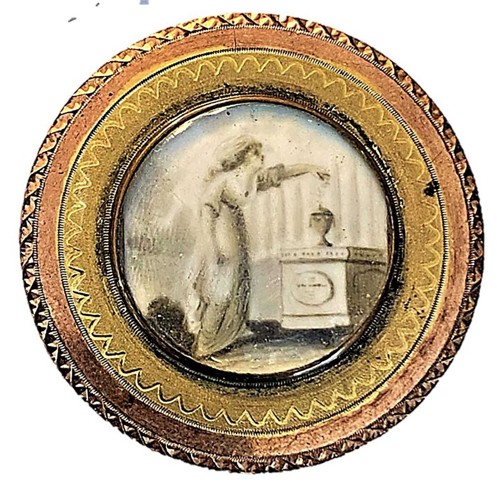 Late 18th-century copper and watercolor-on-ivory mourning button, estimated at $2,000-$4,000 at Lion and Unicorn.