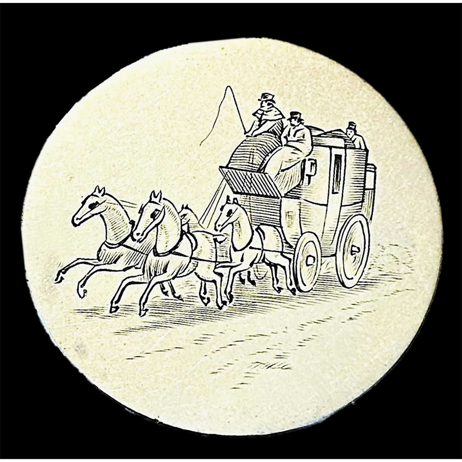 Large tombac (brass and zinc alloy) button with an engraved image of a horse-drawn coach, estimated at $1,500-$2,500 at Lion and Unicorn.