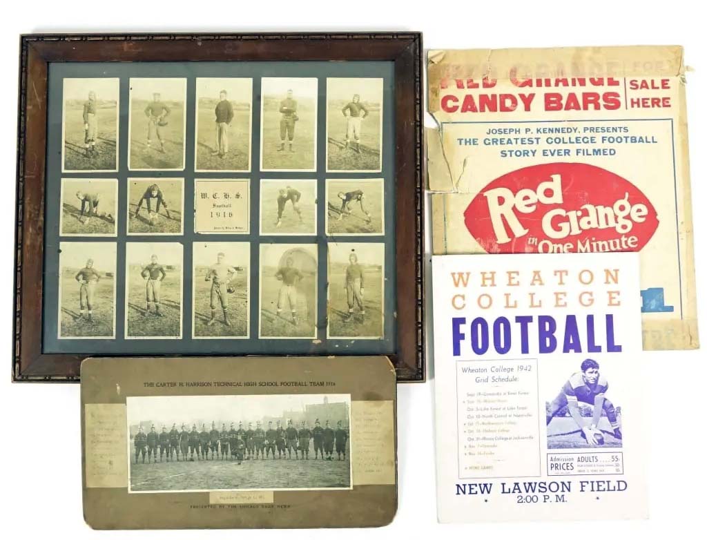 Group of vintage football materials, including a silent-movie premiere poster for ‘One Minute to Play’ starring Red Grange, which hammered for $4,300 and sold for $5,160 with buyer’s premium at Lot 14.