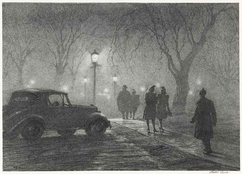 A fog-drenched scene by Martin Lewis, titled ‘Misty Night, Danbury’, went out at $26,000 plus the buyer’s premium in November 2022. Image courtesy of Swann Auction Galleries and LiveAuctioneers.