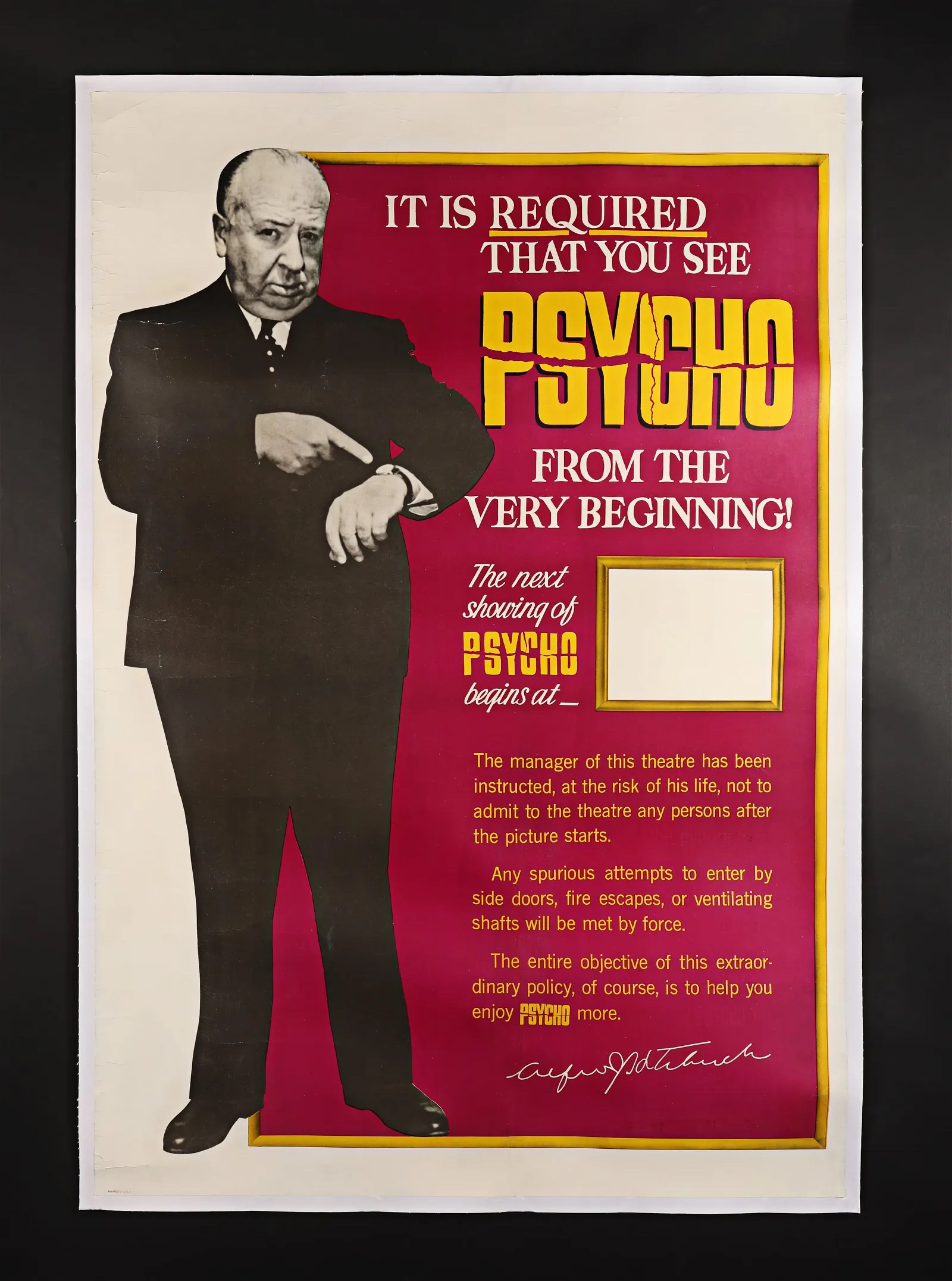 Advance one-sheet for Alfred Hitchcock’s Psycho, which hammered for £9,500 ($12,180) and sold for £12,350 ($15,830) with buyer’s premium at Propstore.