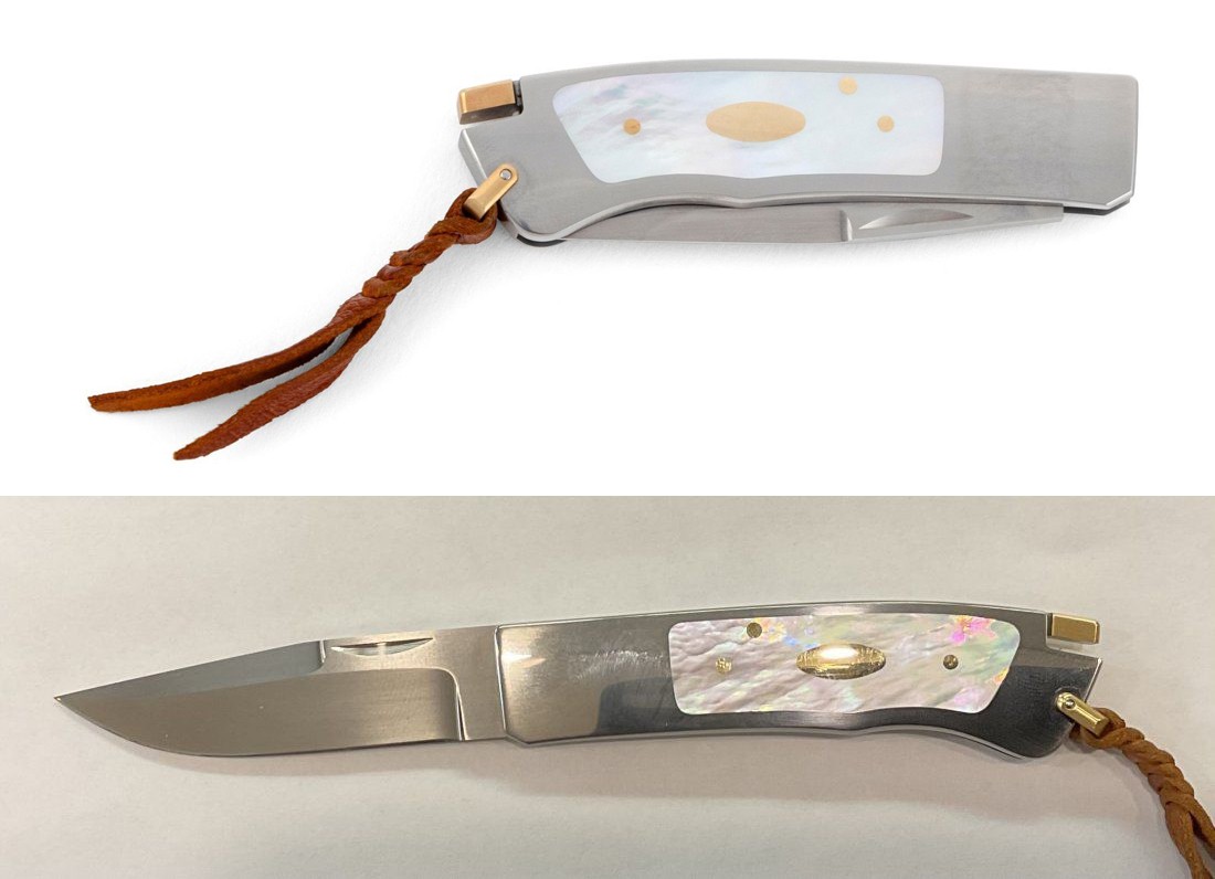 Gold-accented aluminum folding knife by Ron Lake, which sold for $18,000 ($22,680 with buyer’s premium) at Eldred’s.