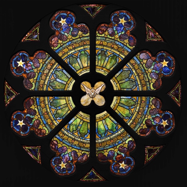 One from a pair of circa-1905 Tiffany Studios Rose windows, featuring a dove at its center, made for St. Paul’s Presbyterian Church in Philadelphia. It was sold at Freeman’s Hindman in May 2023. Auctioned individually, each took $100,000 plus the buyer’s premium. Image courtesy of Freeman’s Hindman and LiveAuctioneers.