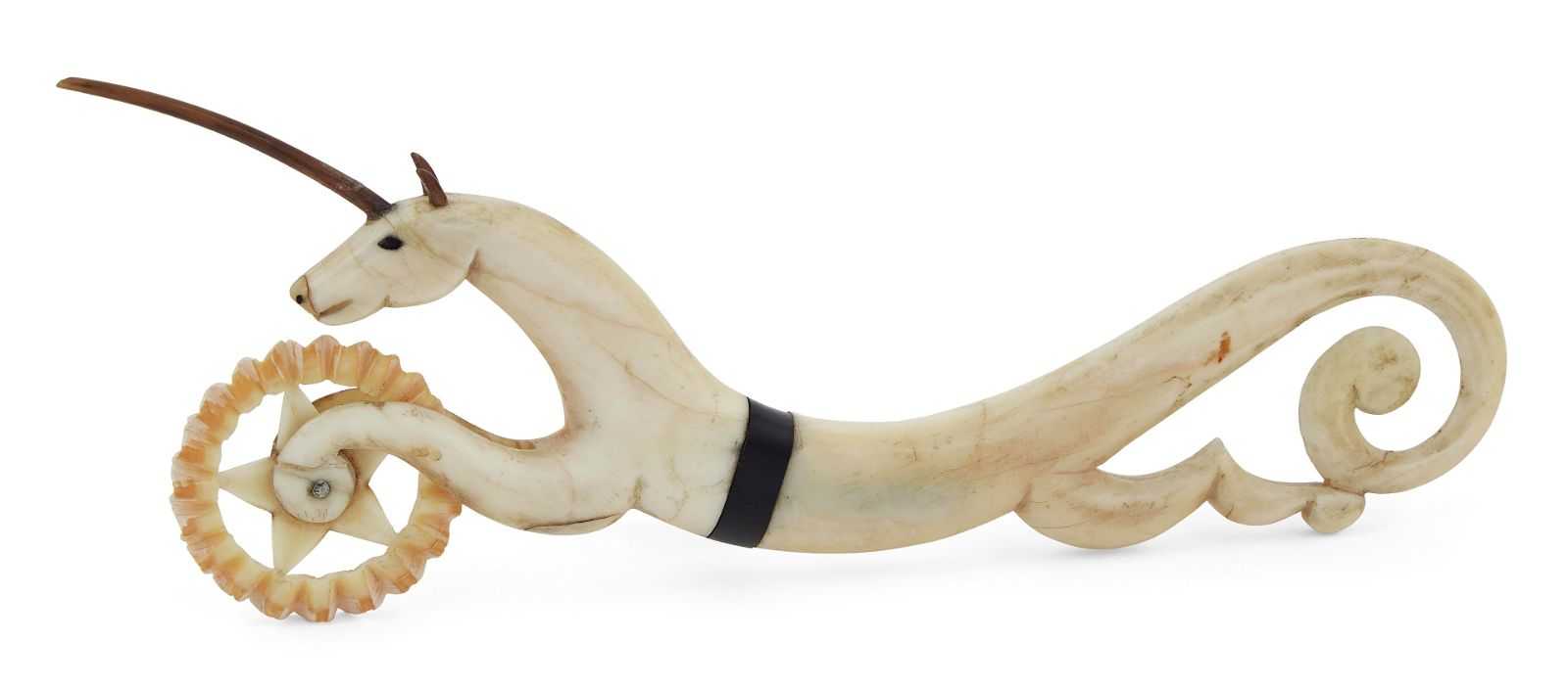 Scrimshaw marine ivory and baleen running unicorn pie crimper, which sold for $5,500 ($6,930 with buyer’s premium) at Eldred’s.