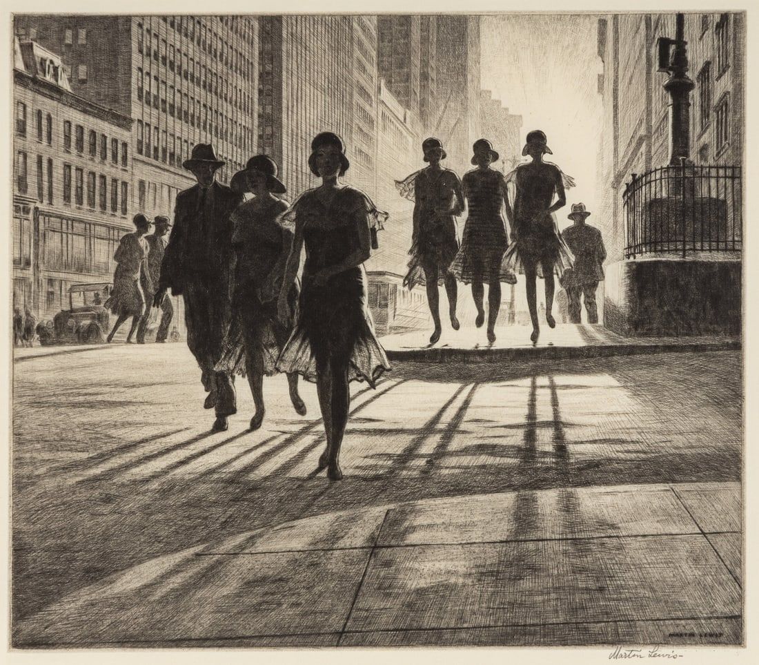 A 1930 pencil-signed Martin Lewis drypoint, ‘Shadow Dance’, achieved $27,500 plus the buyer’s premium in September 2023. Image courtesy of Freeman’s Hindman and LiveAuctioneers.