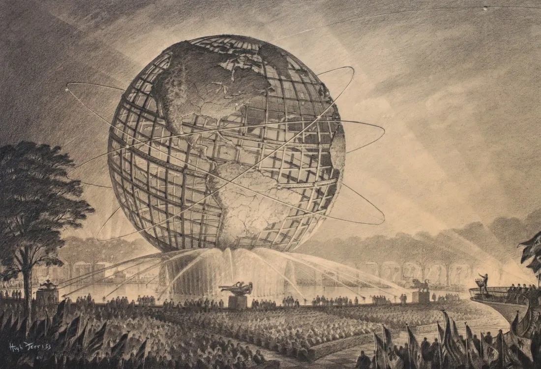 ‘The 1964 World’s Fair Unisphere’ by Hugh Ferriss, which hammered for $17,000 and sold for $20,910 with buyer’s premium at Soulis.