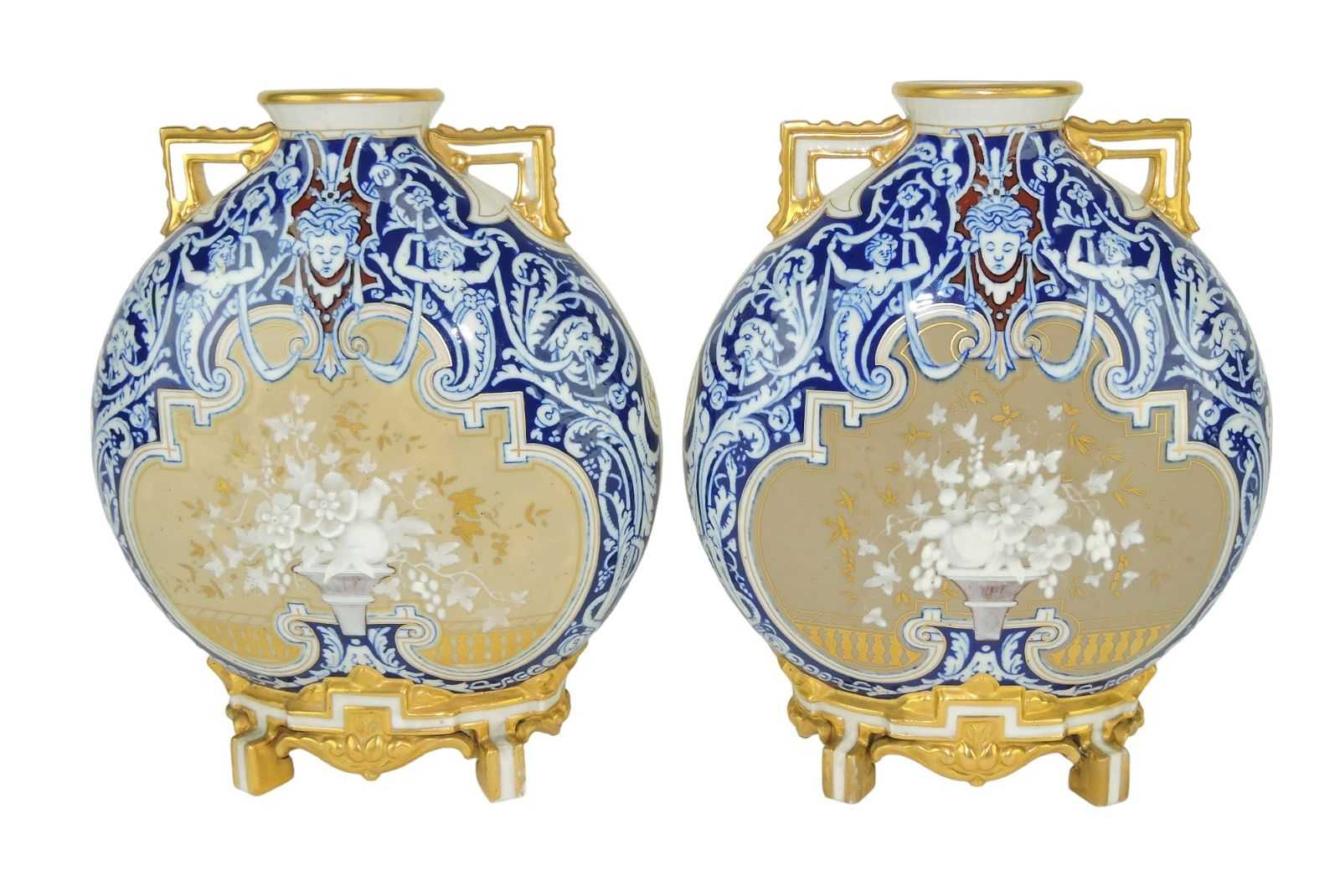 Pair of Royal Worcester Aesthetic movement moon flasks with Renaissance Revival and pate sur pate decoration, estimated at $5,000-$7,000 at Strawser Auction Group.
 
