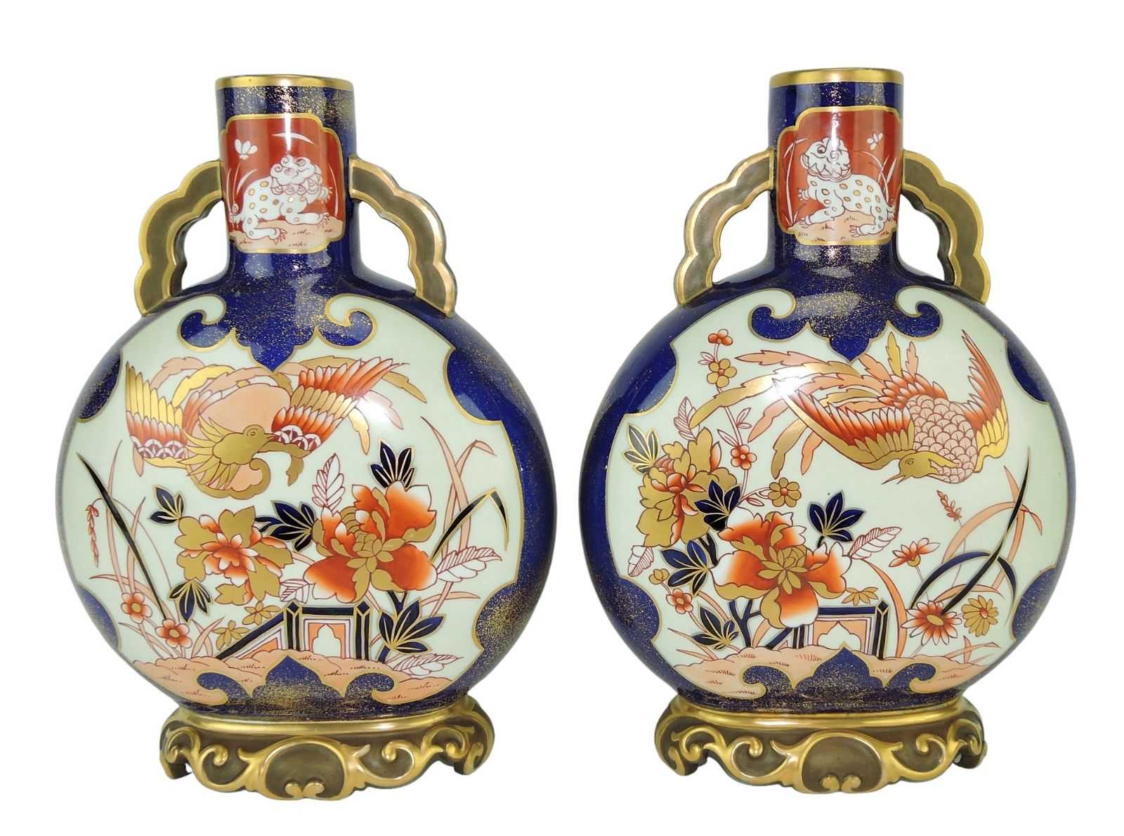 Circa-1875 pair of Royal Worcester Aesthetic movement moon flasks decorated in the Imari palette, estimated at $1,500-$2,500 at Strawser Auction Group.