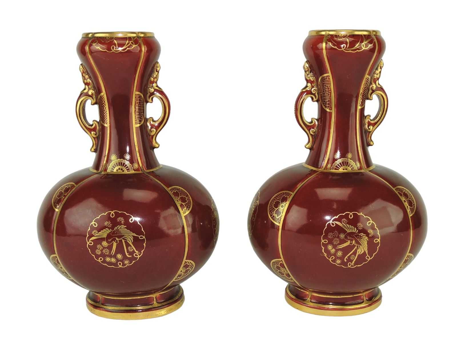 Pair of Minton Aesthetic movement sang de bouef moon flasks with Japoniste gilt decoration, estimated at $2,000-$3,000 at Strawser Auction Group.