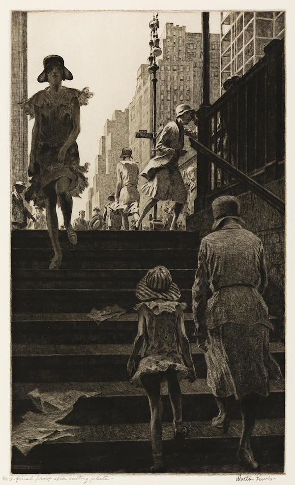 A 1930 daytime scene of New York by Martin Lewis, ‘Subway Steps’, brought $28,000 plus the buyer’s premium in June 2022. Image courtesy of Swann Auction Galleries and LiveAuctioneers.