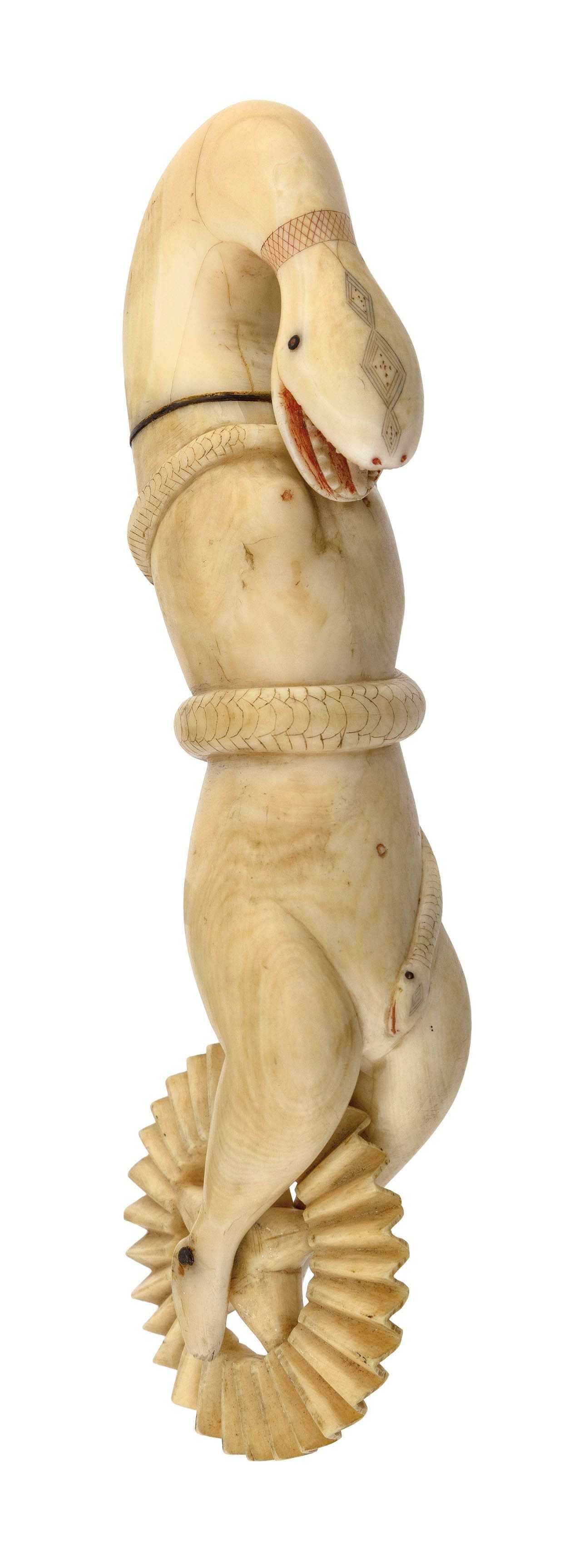 Scrimshaw marine ivory therianthropic pie crimper, which sold for $15,000 ($18,900 with buyer’s premium) at Eldred’s.