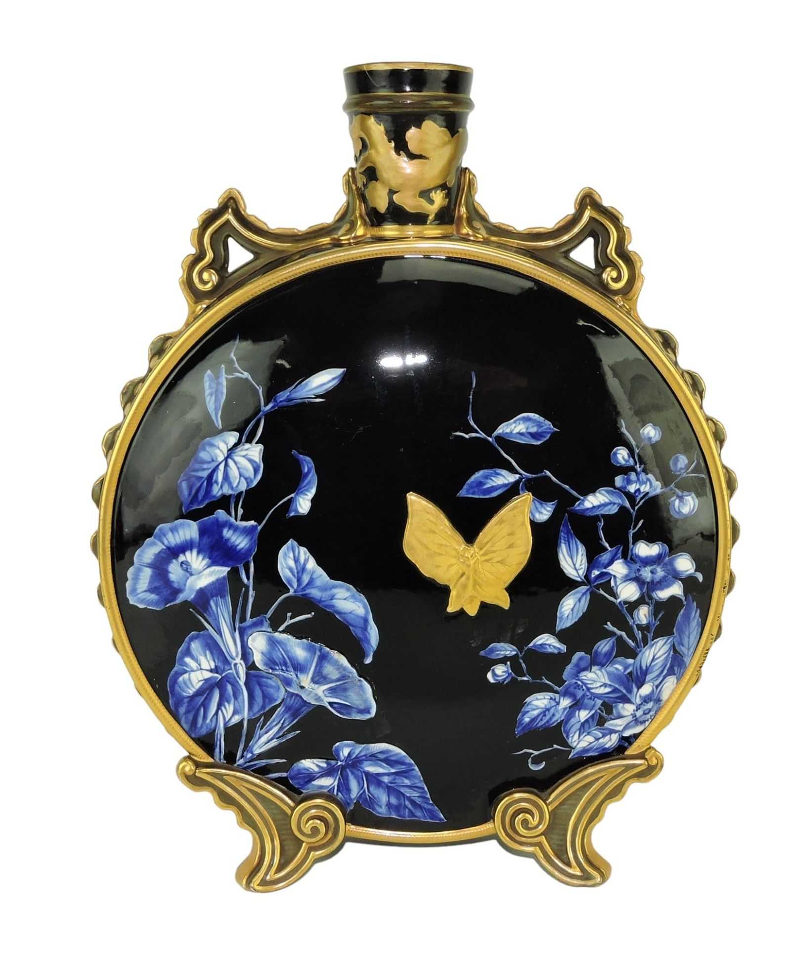Royal Worcester Aesthetic movement moon flask decorated with Japanese-style fauna against a black ground, estimated at $1,500-$2,500 at Strawser Auction Group.