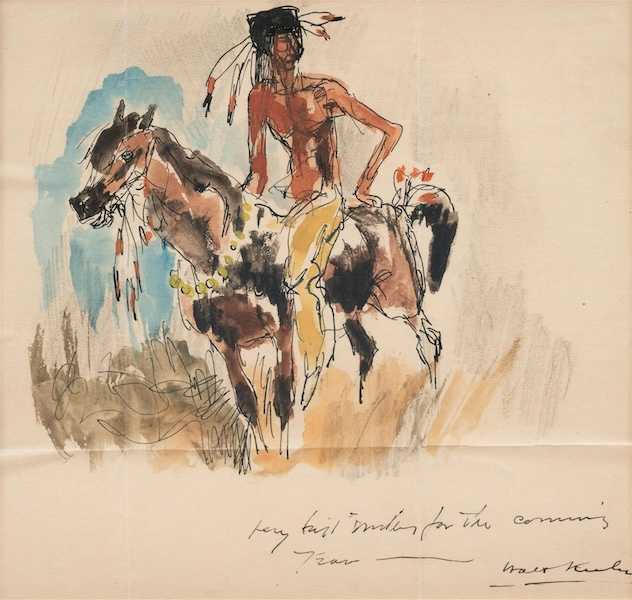 Walt Kuhn’s watercolor titled ‘Indian Brave on Horseback’ went out at $1,400 plus the buyer’s premium in May 2022. Image courtesy of Freeman’s Hindman and LiveAuctioneers.