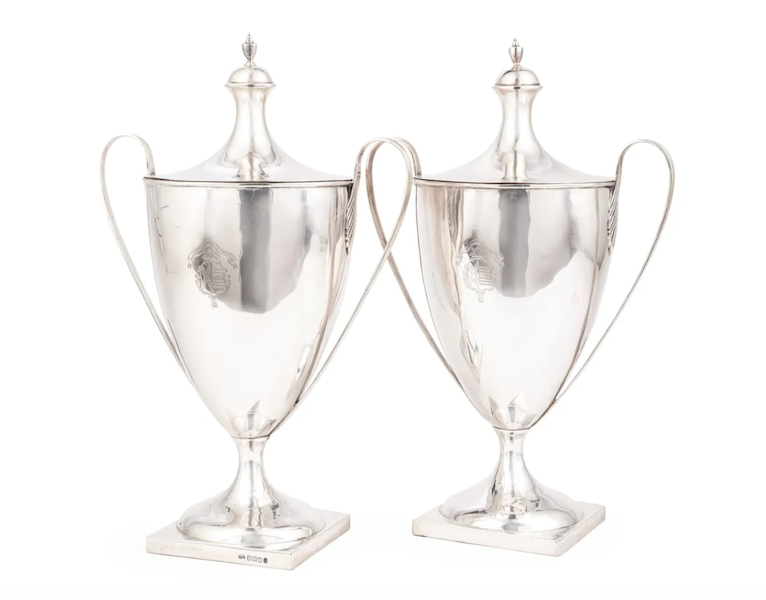A pair of Hester Bateman sterling silver cups and covers brought $6,000 plus the buyer’s premium in November 2023. Image courtesy of Neal Auction Company and LiveAuctioneers.