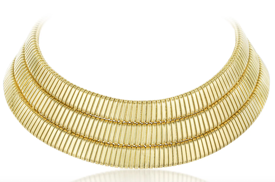 A triple-row Bulgari Tubogas gold necklace sold for $28,000 plus the buyer’s premium in April 2023. Image courtesy of Fortuna and LiveAuctioneers.