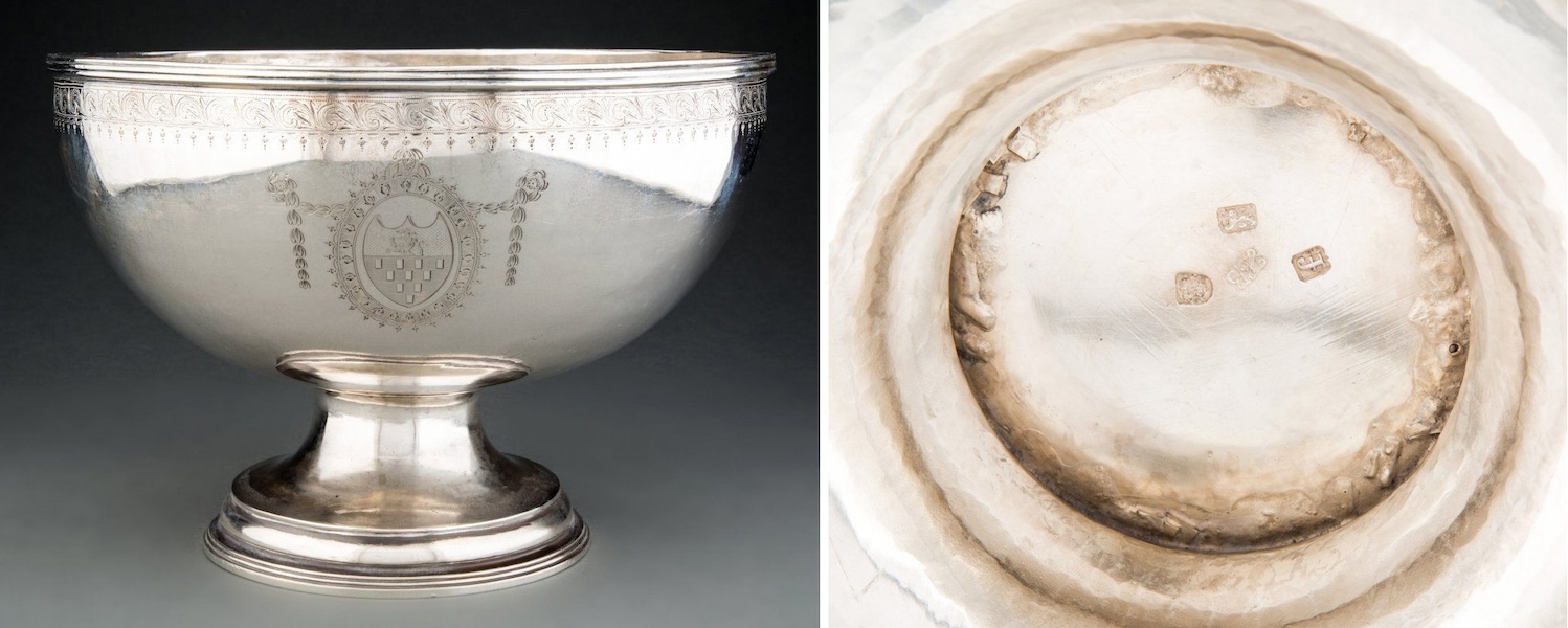 A 1781 Hester Bateman punch bowl, shown alongside a detail of its silver marks. It tripled its $3,000-$5,000 estimate when it achieved $15,000 plus the buyer’s premium in May 2021. Image courtesy of Heritage Auctions and LiveAuctioneers.