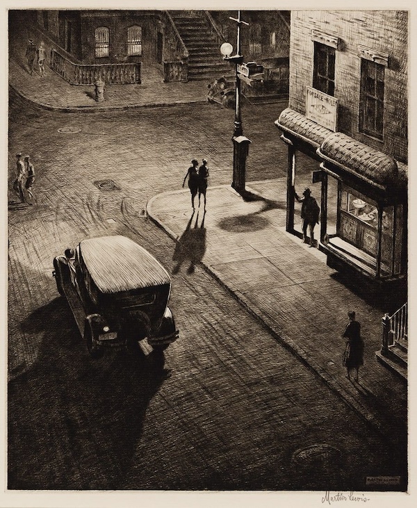 Martin Lewis’s 1928 drypoint ‘Relics (Speakeasy Corner)’ attained $60,000 plus the buyer’s premium in November 2023. Image courtesy of Swann Auction Galleries and LiveAuctioneers.