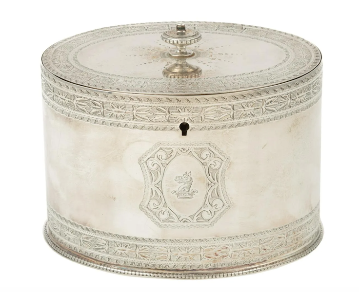A Hester Bateman George III silver tea caddy secured $2,500 plus the buyer’s premium in March 2023. Image courtesy of Alex Cooper and LiveAuctioneers.