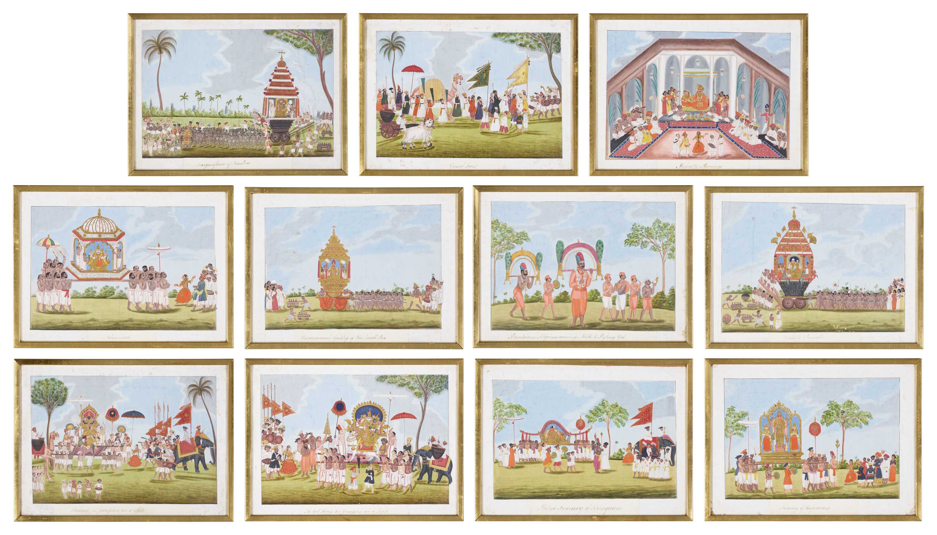 Set of 11 Company School watercolors depicting processions and festivities in southern India, which hammered for $60,000 and sold for $75,600 with buyer’s premium at Christie’s March 29.