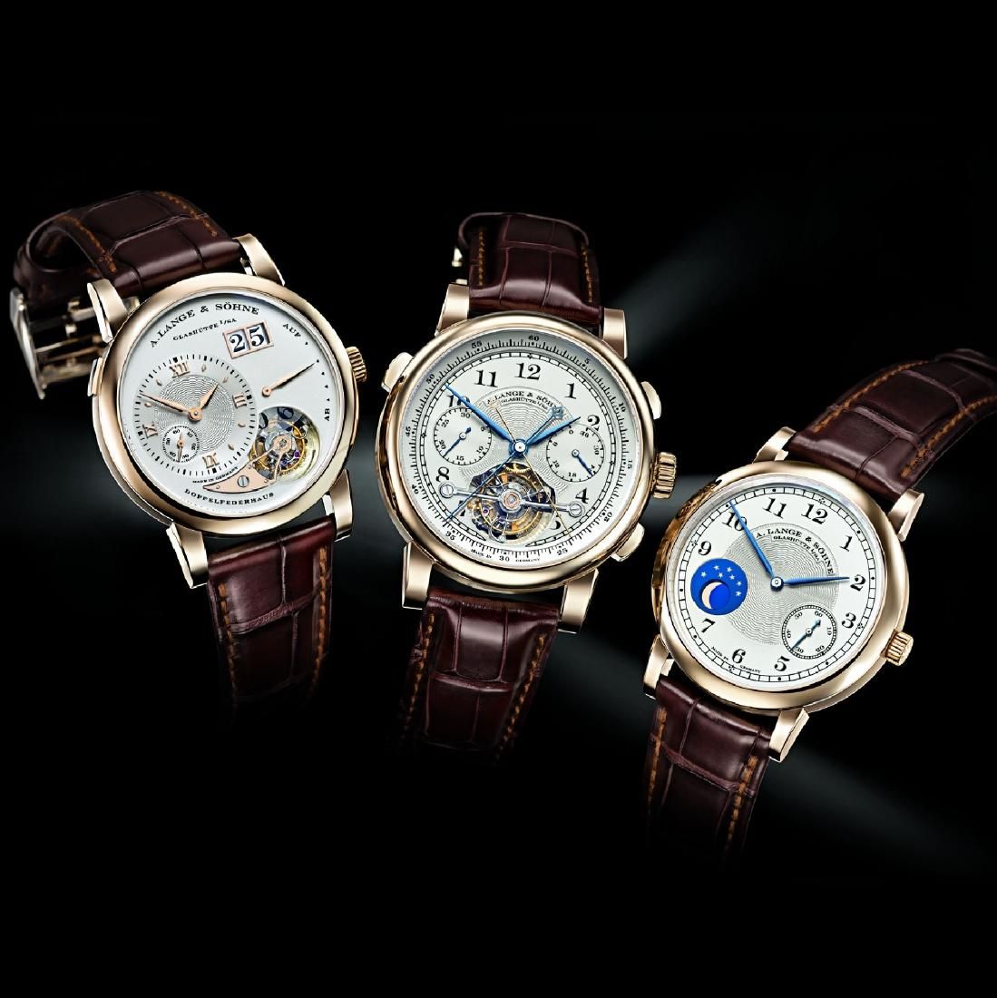 A trio of A. Lange & Söhne commemorative watches, collectively dubbed the ‘165 Years-Homage to F. A. Lange’ set, achieved €450,000 ($483,485) plus the buyer’s premium in October 2018. Image courtesy of Henry’s Auktionshaus AG and LiveAuctioneers.