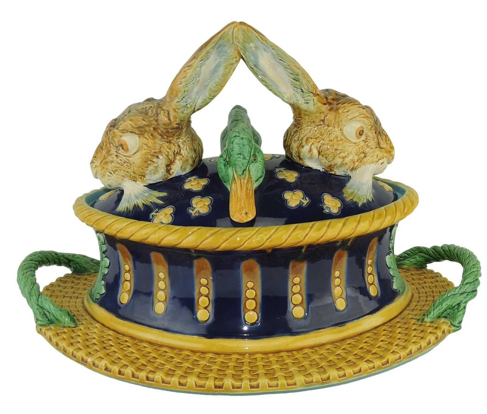 Mintons Majolica Hare and Duck Game-Pie Dish and Cover, which sold for $20,000 ($24,800 with buyer’s premium) at Strawser.