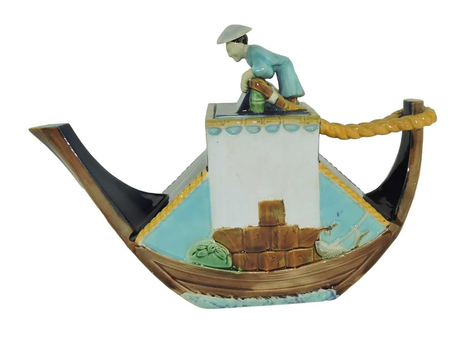 George Jones majolica Chinese Junk teapot, which sold for $24,000 ($29,760 with buyer’s premium) at Strawser.