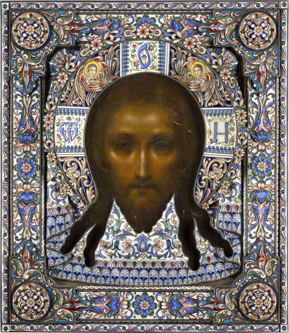 Late 19th- or early 20th-century Mandylion icon and silver and cloisonné enamel okled or riza by Orest Kurlyukov, which sold for €558,600 ($597,500) with buyer’s premium at Hargesheimer Kunstauktionen.
