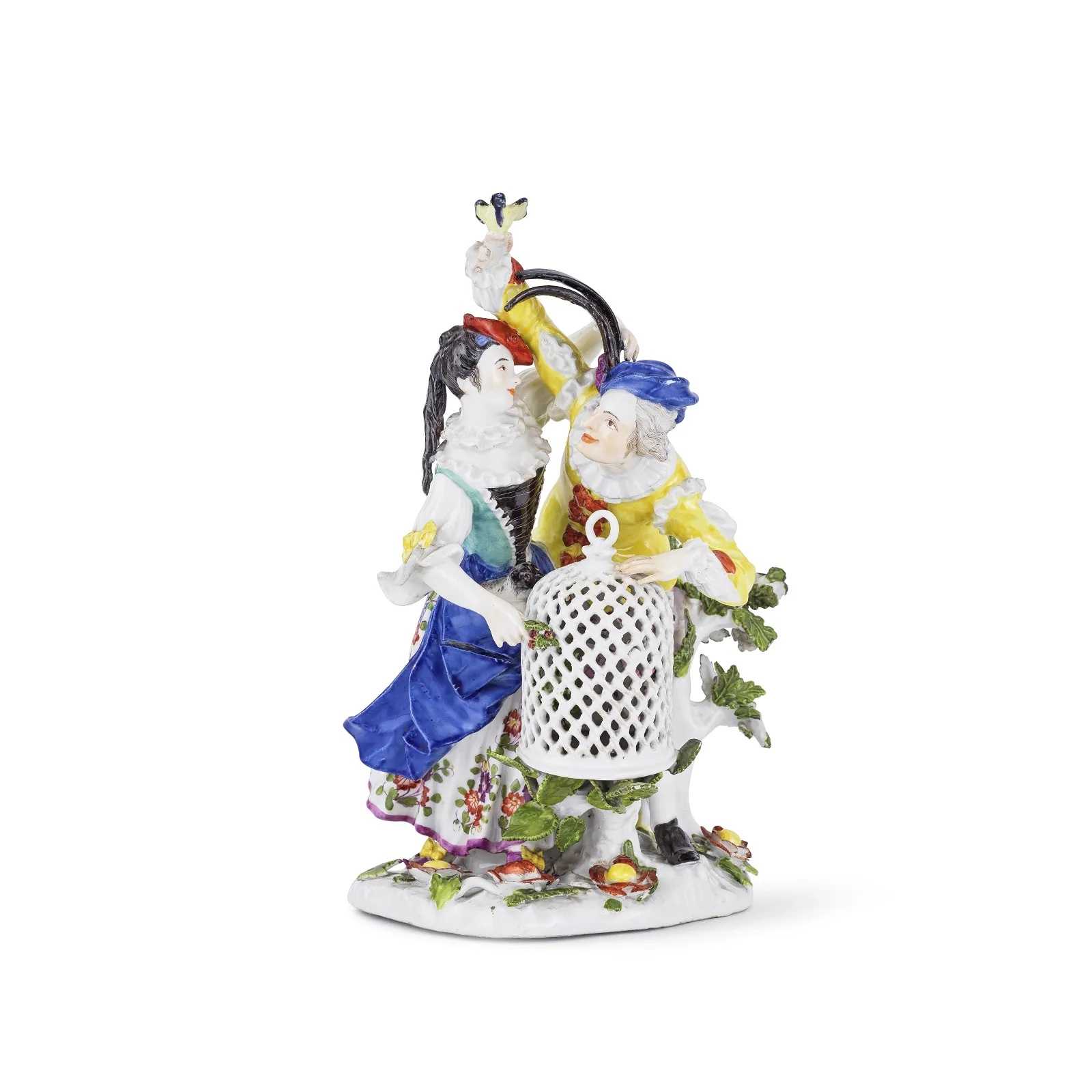 Circa-1745 Meissen group of lovers with a birdcage by Kaendler, which sold for €171,450 ($183,470) with buyer’s premium at Bonhams Paris.