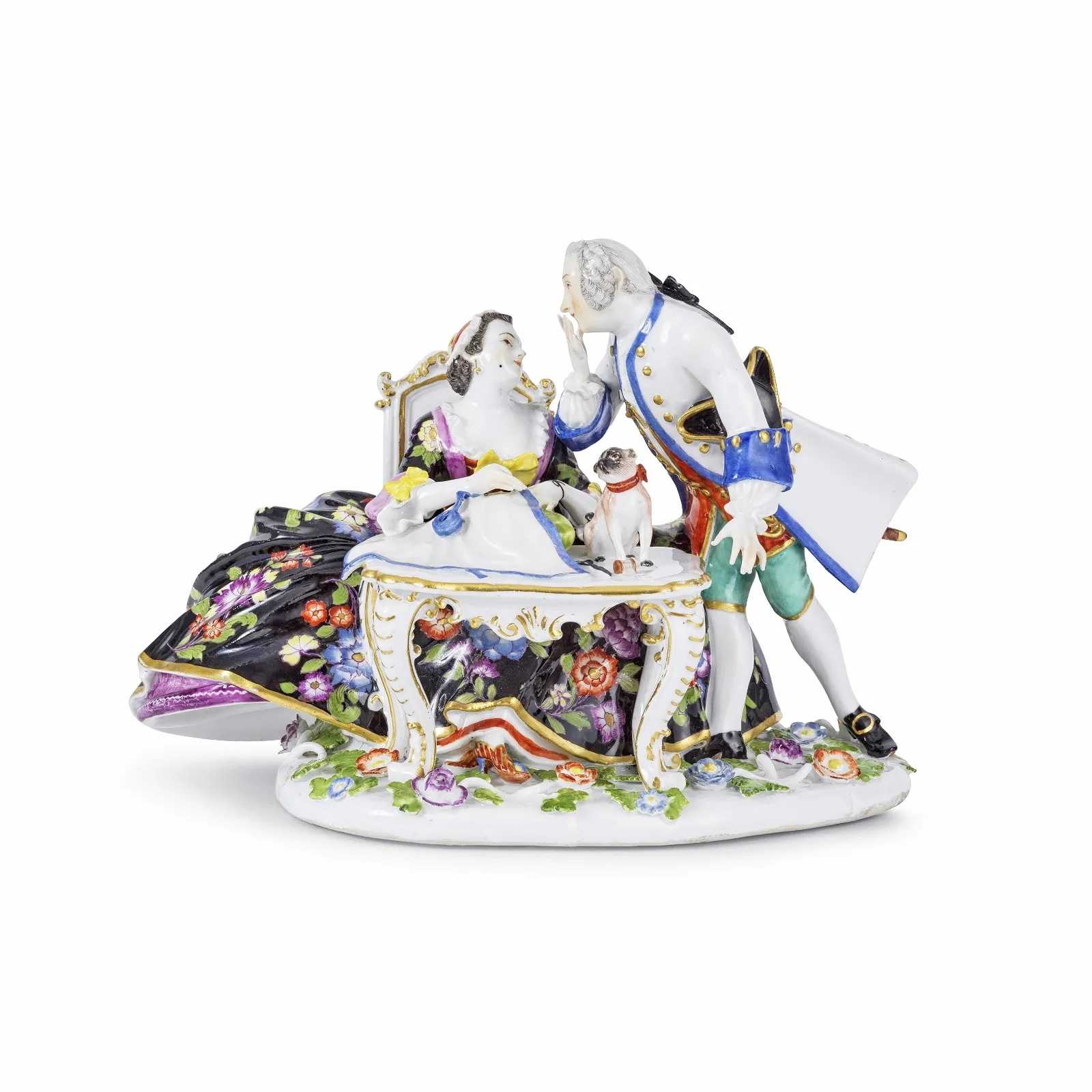

Circa-1745 Meissen masonic crinoline group of lovers by Kaendler, which sold for €74,930 ($80,170) with buyer’s premium at Bonhams Paris.
