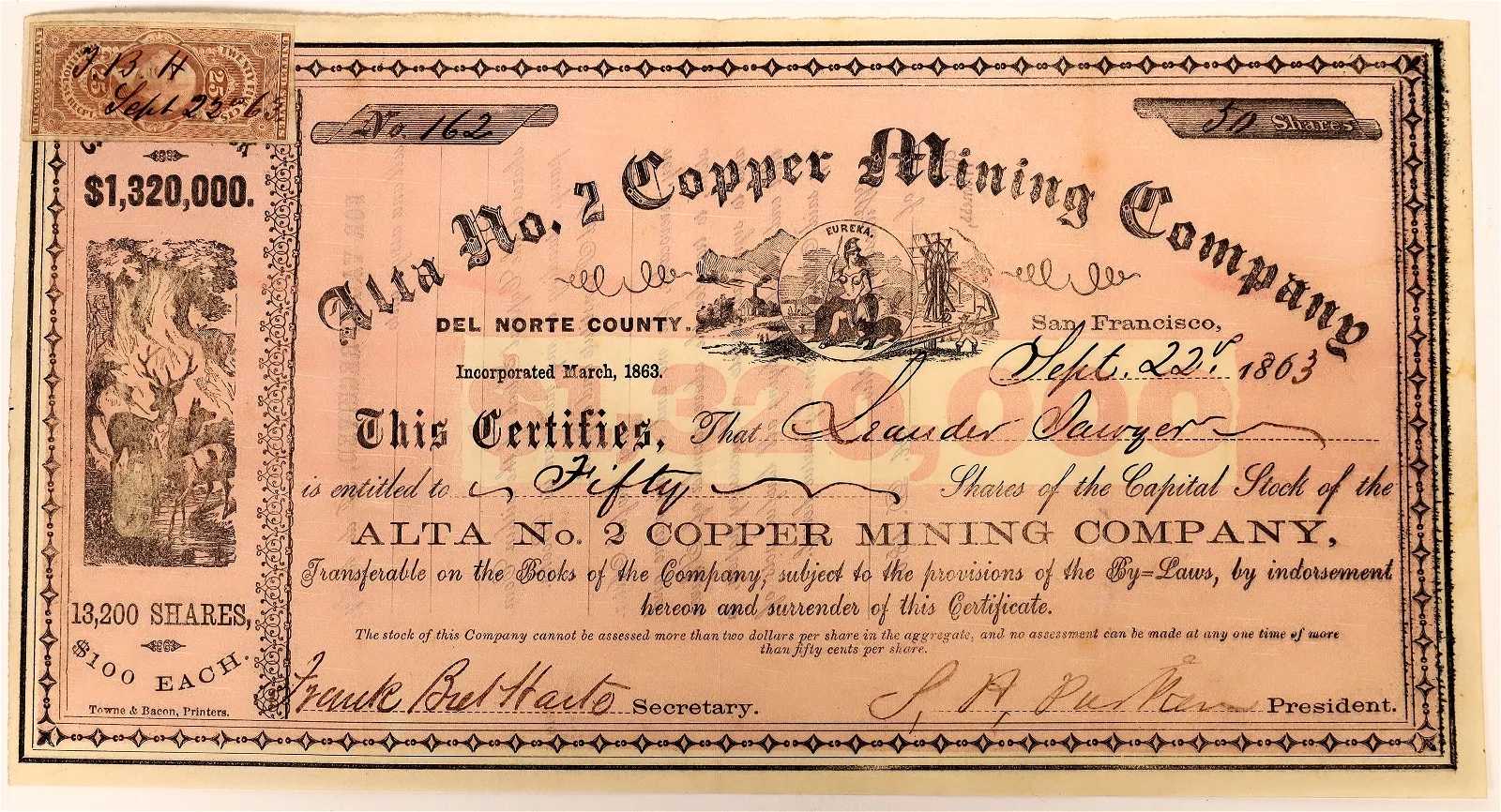 Alta No. 2 Copper Mining Co. stock certificate signed by Bret Harte, estimated at $3,000-$8,000 at Holabird.