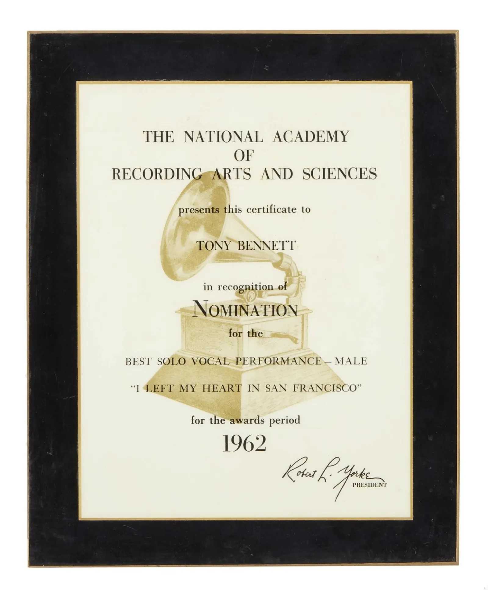 1962 NARAS Grammy nomination plaque for 'I Left My Heart in San Francisco,' estimated at $3,000-$5,000 at Julien's.