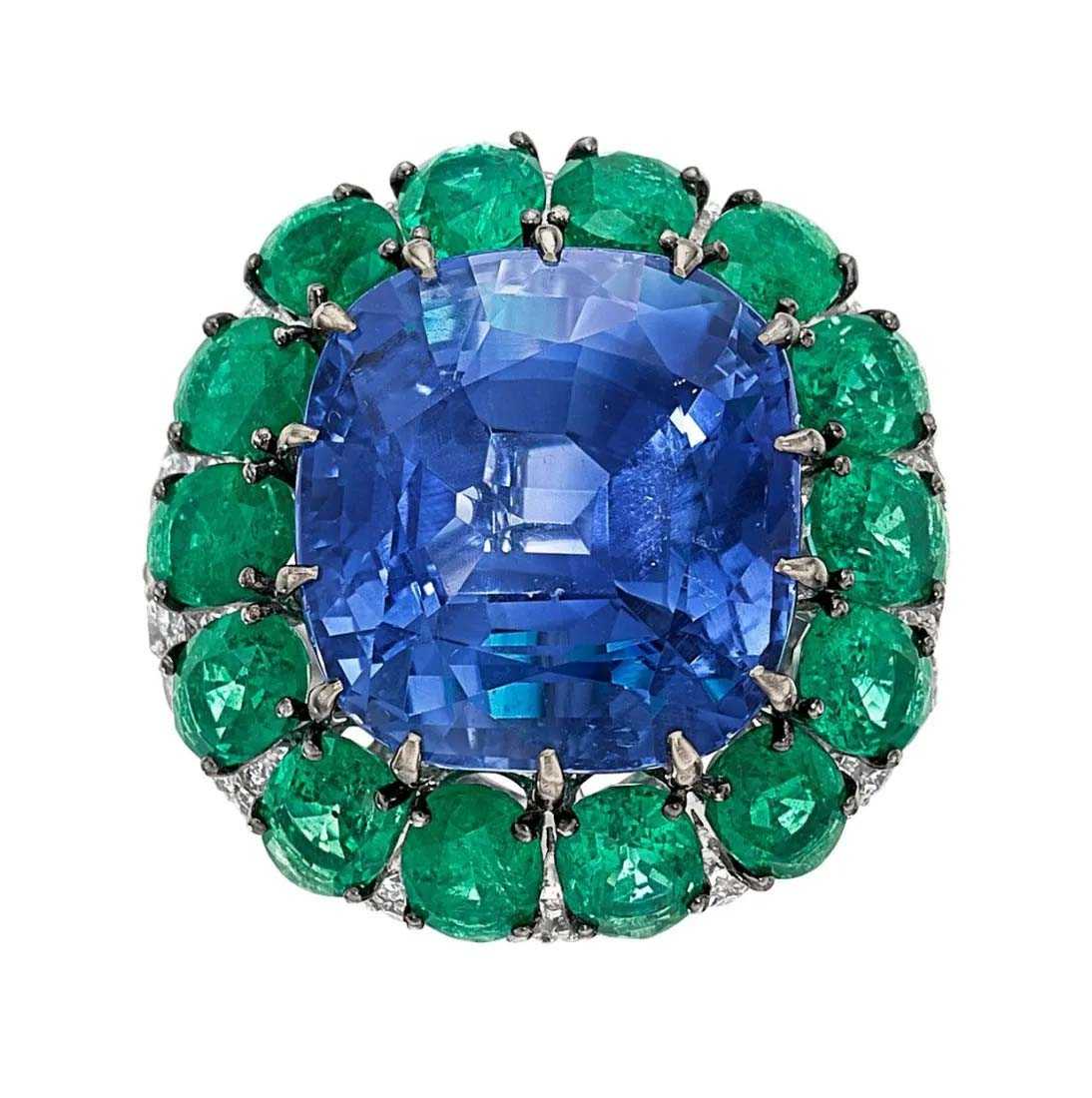 Burmese sapphire, emerald, and white gold ring, estimated at $80,000-$100,000 at Heritage.