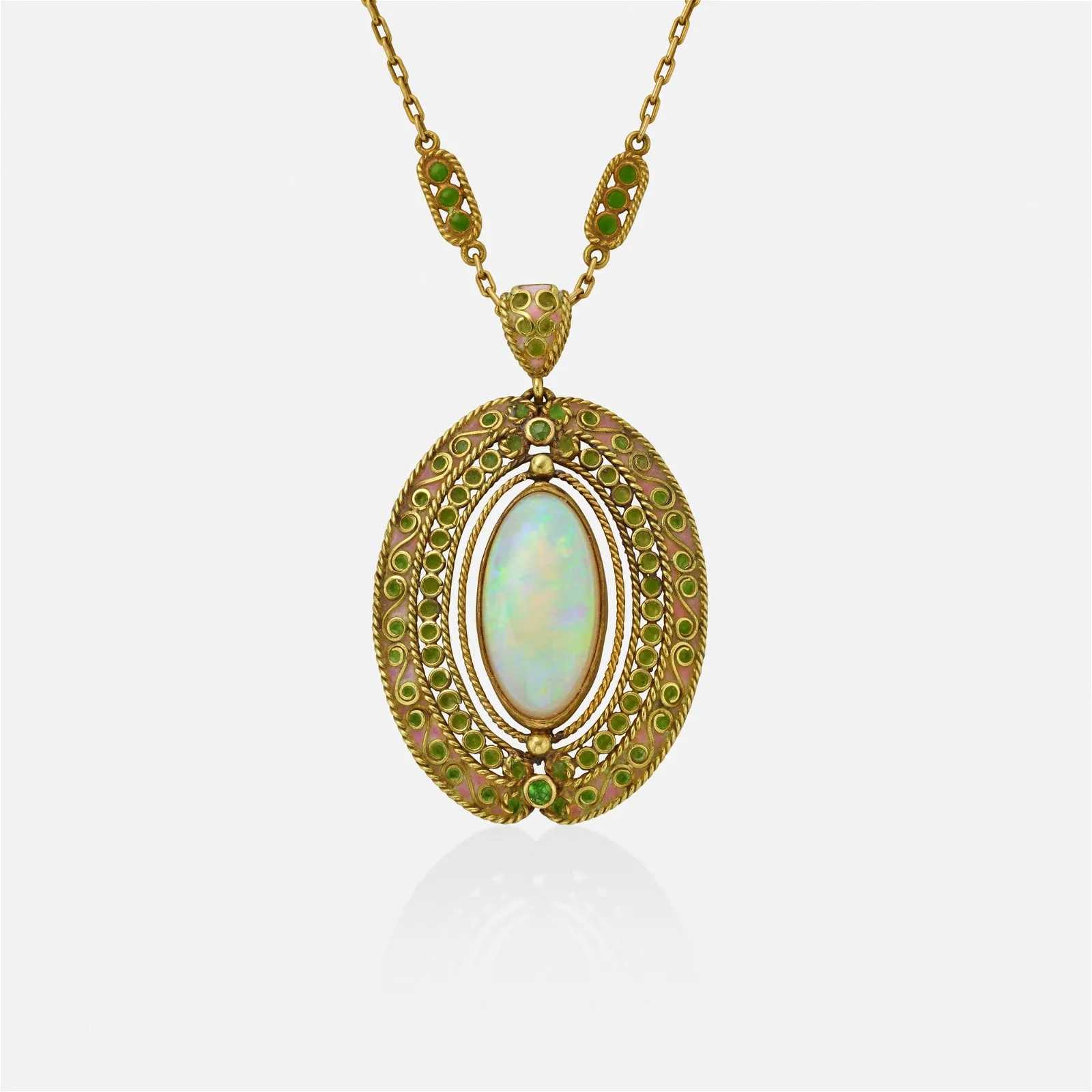 Louis Comfort Tiffany for Tiffany & Co., Opal, demantoid garnet, and enamel necklace, estimated at $12,000-$18,000 at Toomey.