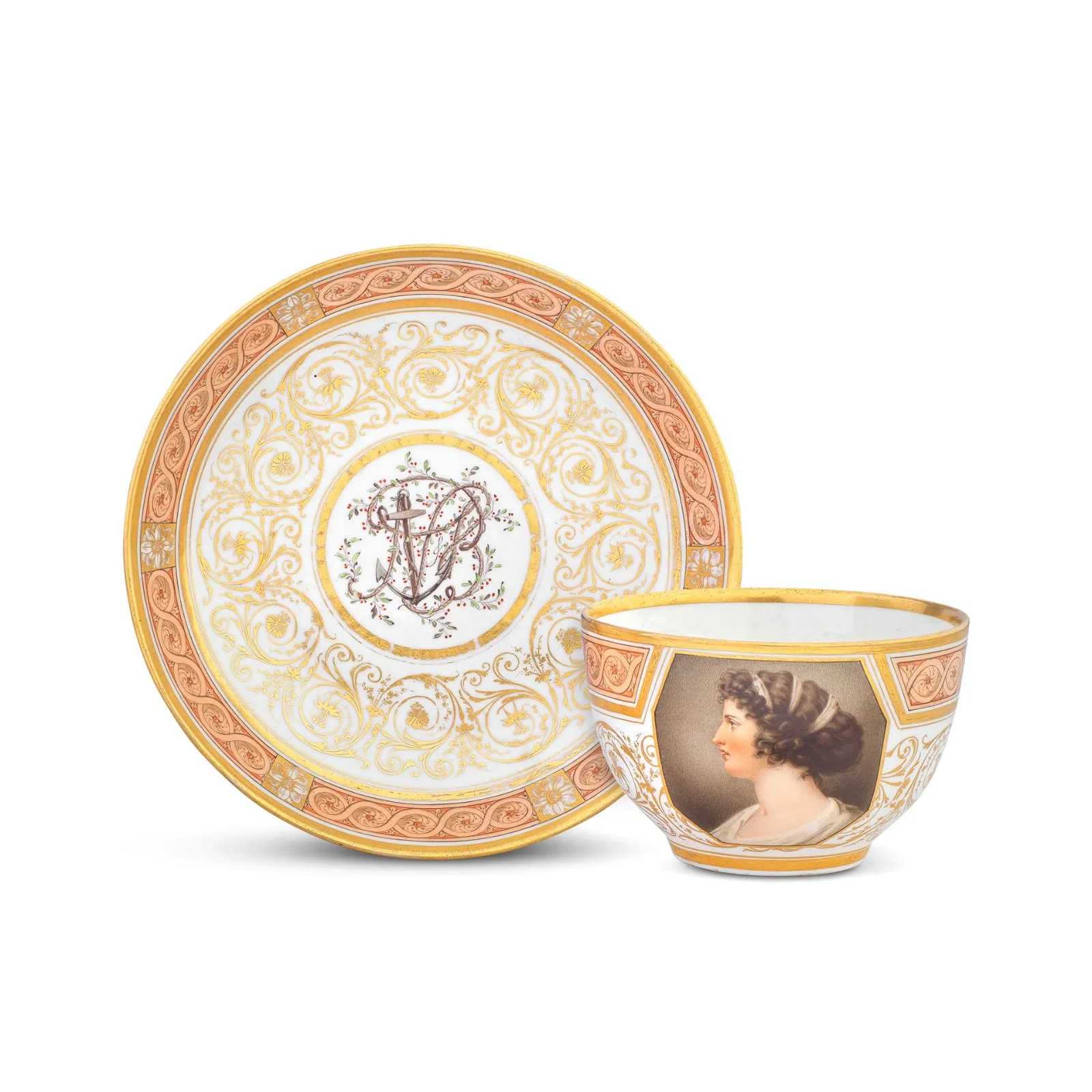 Nelson and Emma: An important Coalport cup and saucer by Thomas Baxter, estimated at £15,000-£25,000 ($18,845-$31,410) at Bonhams.