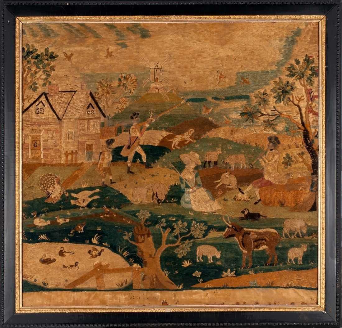 Silk-on-silk needlework picture, dated August 15th 1788 and estimated at $4,000-$5,000 at Jasper52.