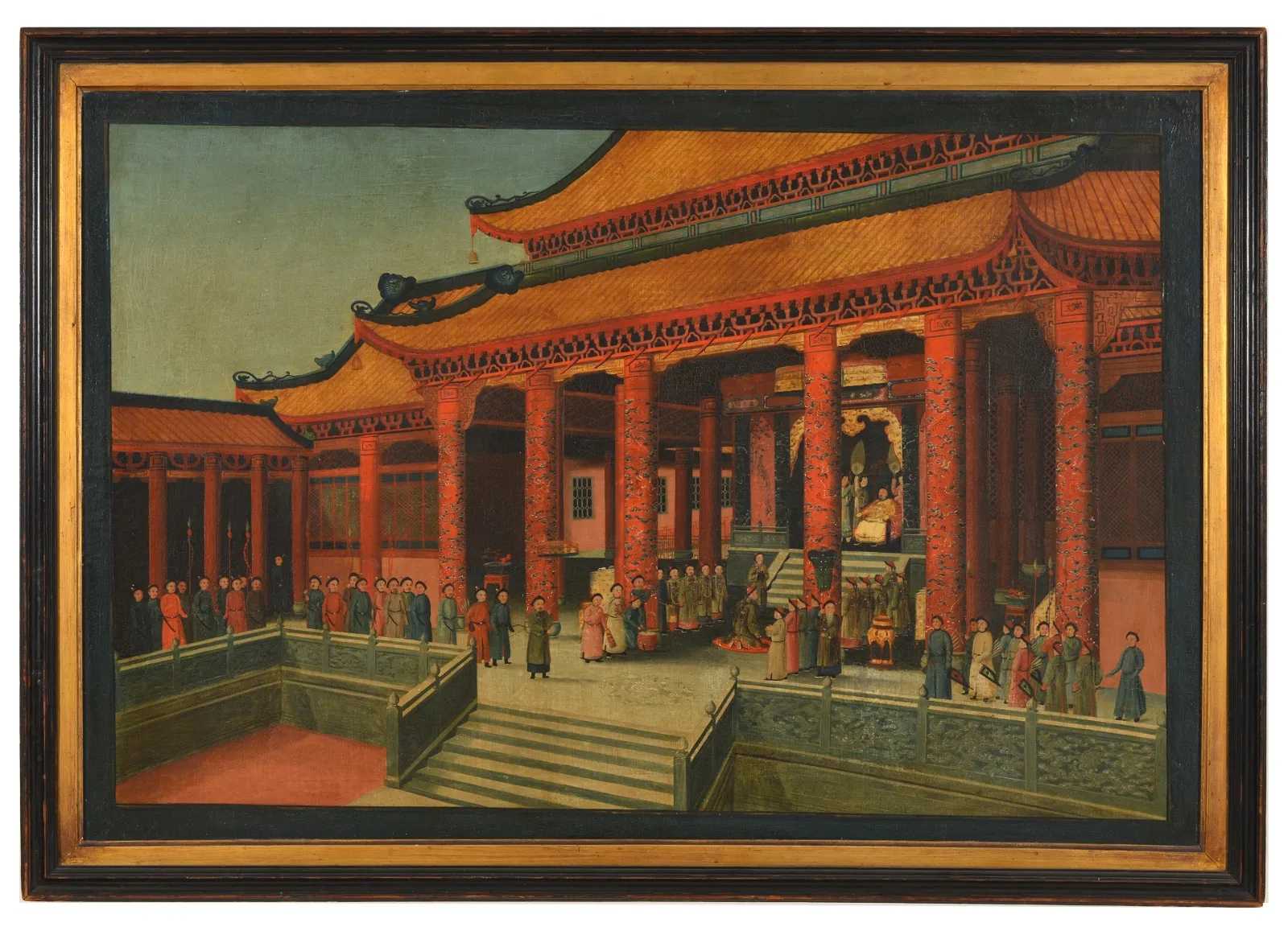 Chinese export oil on canvas of an imperial audience given by the Jaiqing emperor, estimated at $15,000-$18,000 at Tremont Auctions.