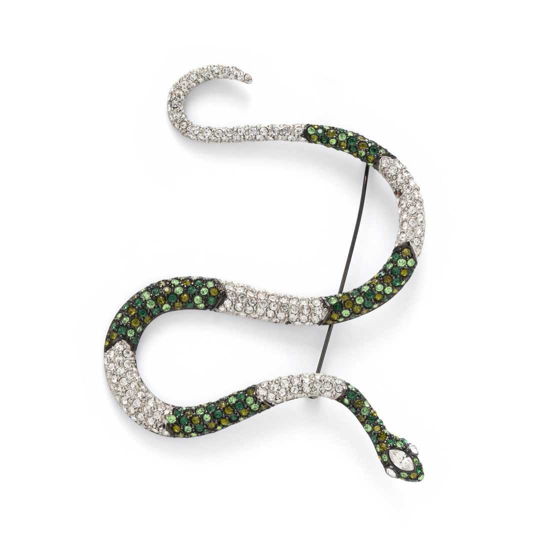 Green and white rhinestone and metal snake pin by Kenneth Jay Lane, estimated at $200-$300 at Freeman’s Hindman.