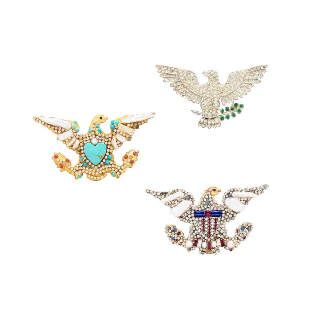 Collection of costume jewelry eagle pins, including two by Carol Sarkisian, estimated at $500-$700 at Freeman’s Hindman.
