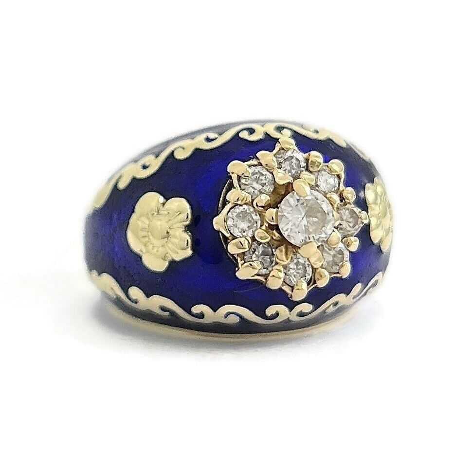 14K gold, diamond, and cornflower blue enamel 1950s cocktail ring, estimated at $2,000-$2,500 at Jasper52.