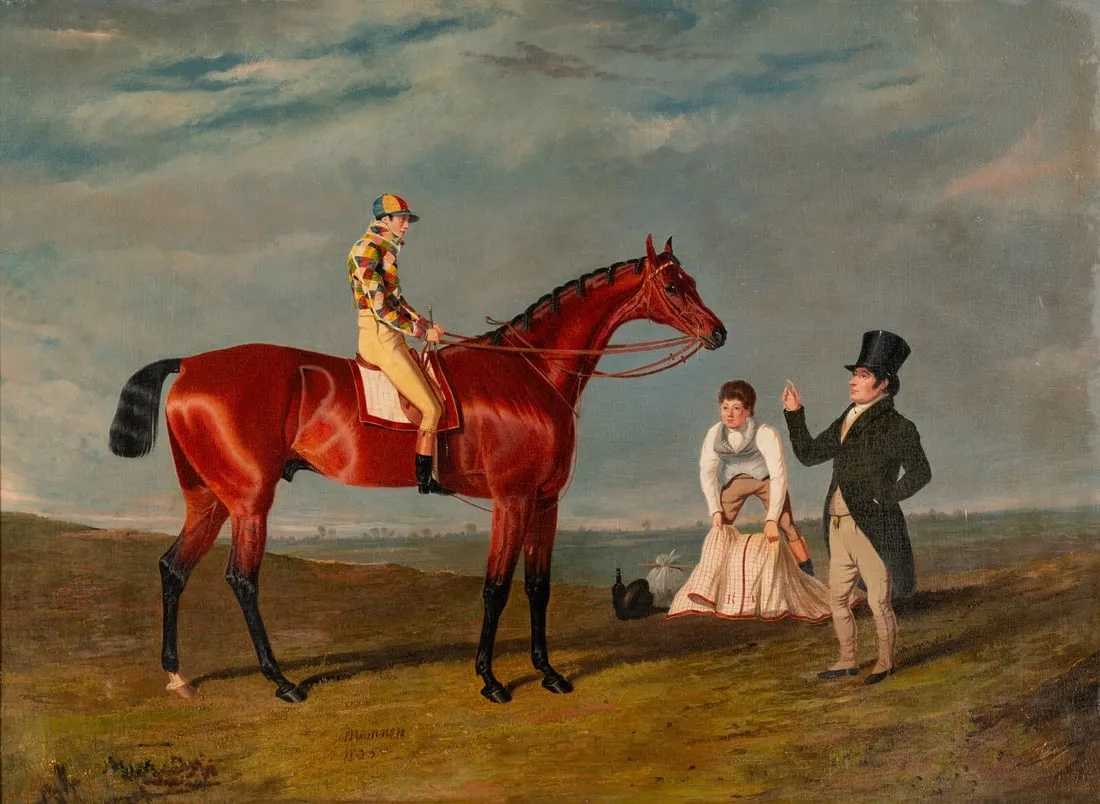 John Frederick Herring, Sr., 'Memnon, a Bright Bay, William Scott up, Wearing the Harlequin Colors of Lord Darlington,' estimated at $70,000-$100,000 at Freeman's Hindman.