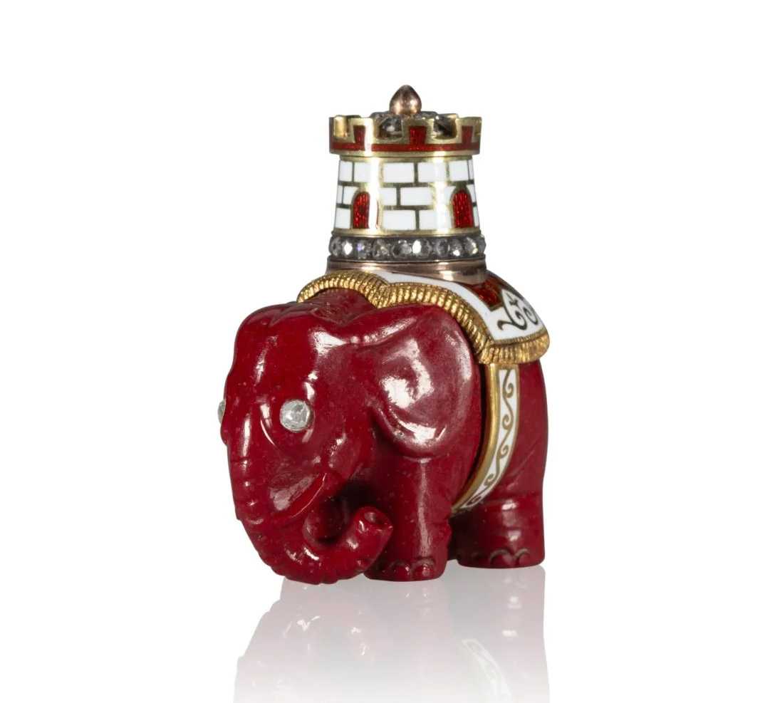 Imperial Fabergé Diamond and Champlevé Enameled Gold-Mounted Purpurin Elephant, estimated at $70,000-$90,000 at Heritage.