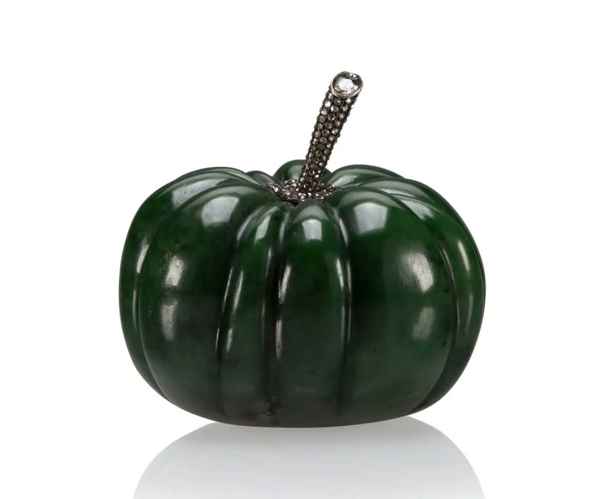 Imperial Fabergé Diamond-Set and Gold-Mounted Silver Carved Nephrite Tomato-Form Gum Pot, estimated at $150,000-$200,000 at Heritage.