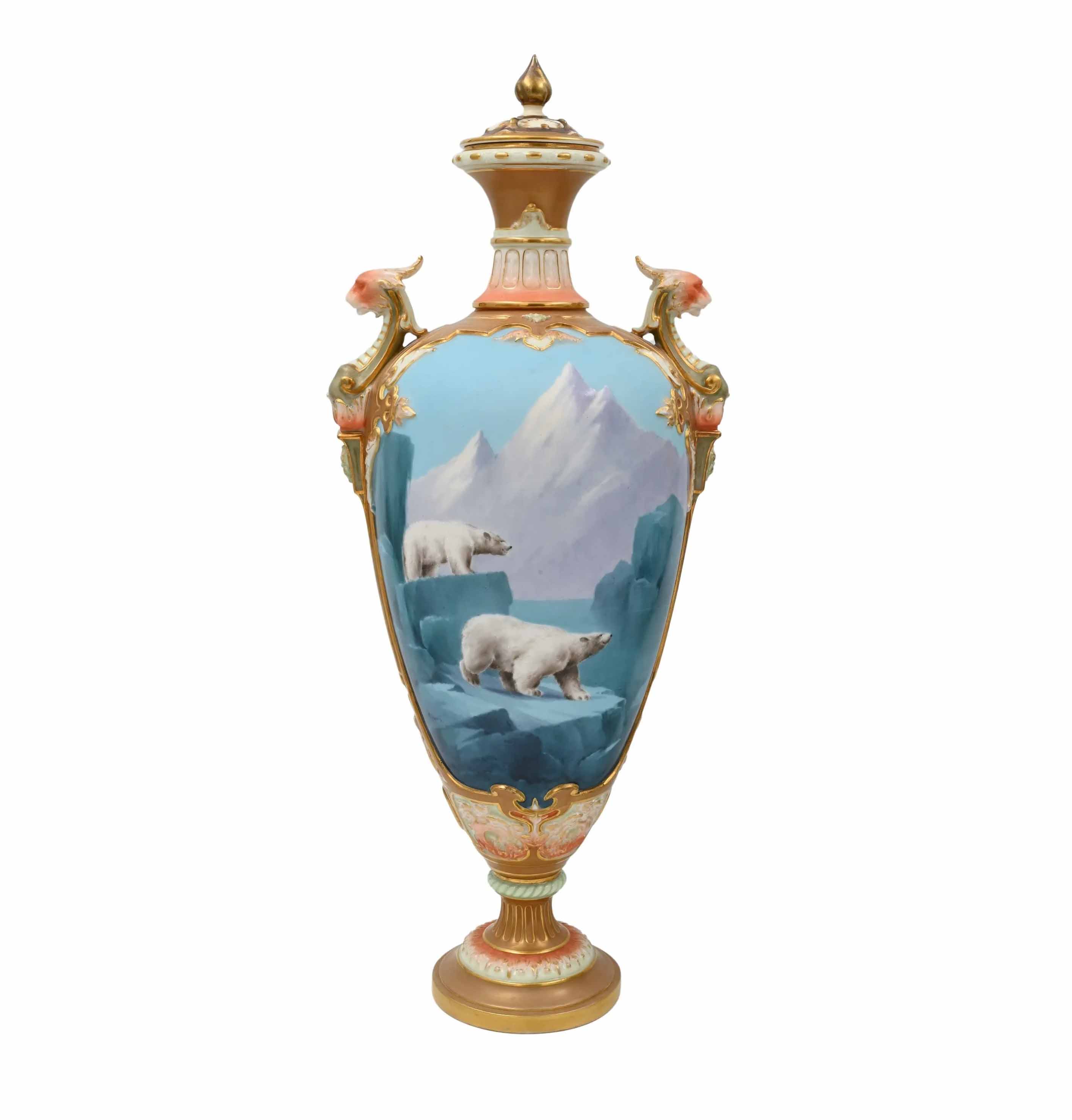 Royal Worcester vase and cover decorated with polar bears by Harry Davis, estimated at $10,000-$20,000 at Nadeau’s Auction Gallery.