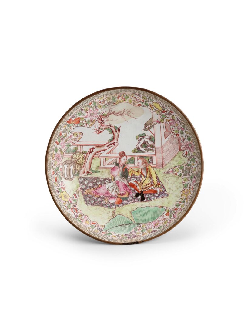 Yongzheng or early Qianlong ‘European subject’ enamel dish, which hammered for $37,000 and sold for $47,360 with buyer’s premium at Bonhams’ March 18 auction of Chinese Ceramics and Works of Art.
