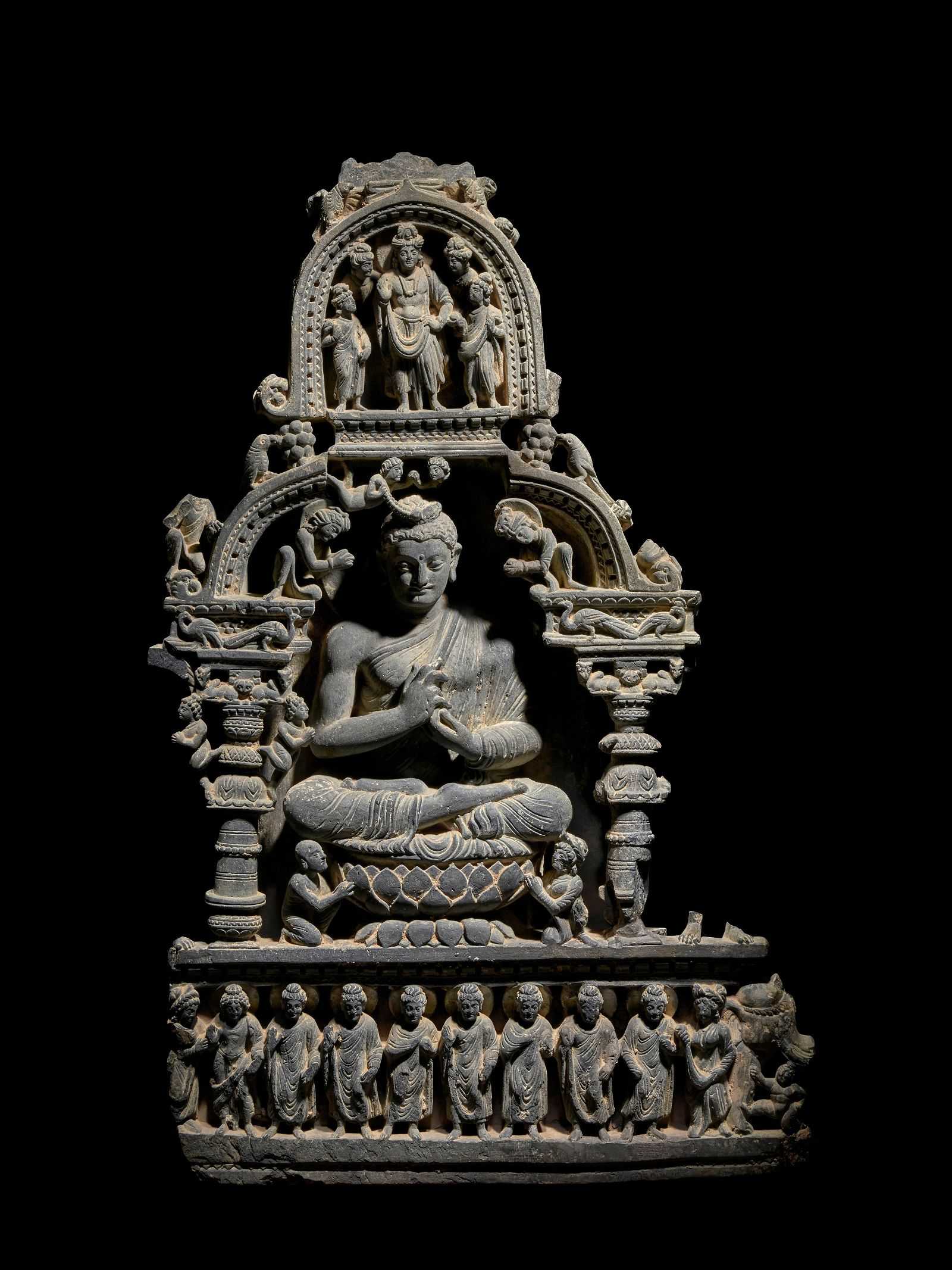 Gandharan schist gable relief of the Teaching Buddha, which hammered for $850,000 and sold for $1 million with buyer's premium at Bonhams’ March 20 sale of Indian, Himalayan & Southeast Asian Art.