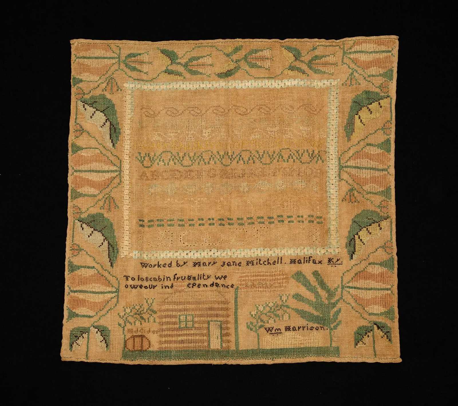 Needlework sampler mentioning US presidential candidate William Henry Harrison, estimated at $4,000-$8,000 at Amelia Jeffers on May 4.