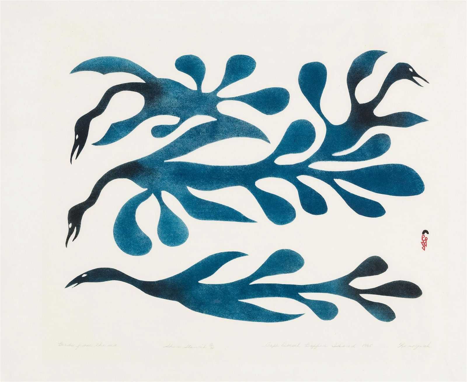 The 1960 Kenojuak Ashevak stencil print ‘Birds from the Sea’ sold for CA$30,000 ($22,125) plus the buyer’s premium in December 2022. Image courtesy of First Arts Premiers Inc. and LiveAuctioneers.