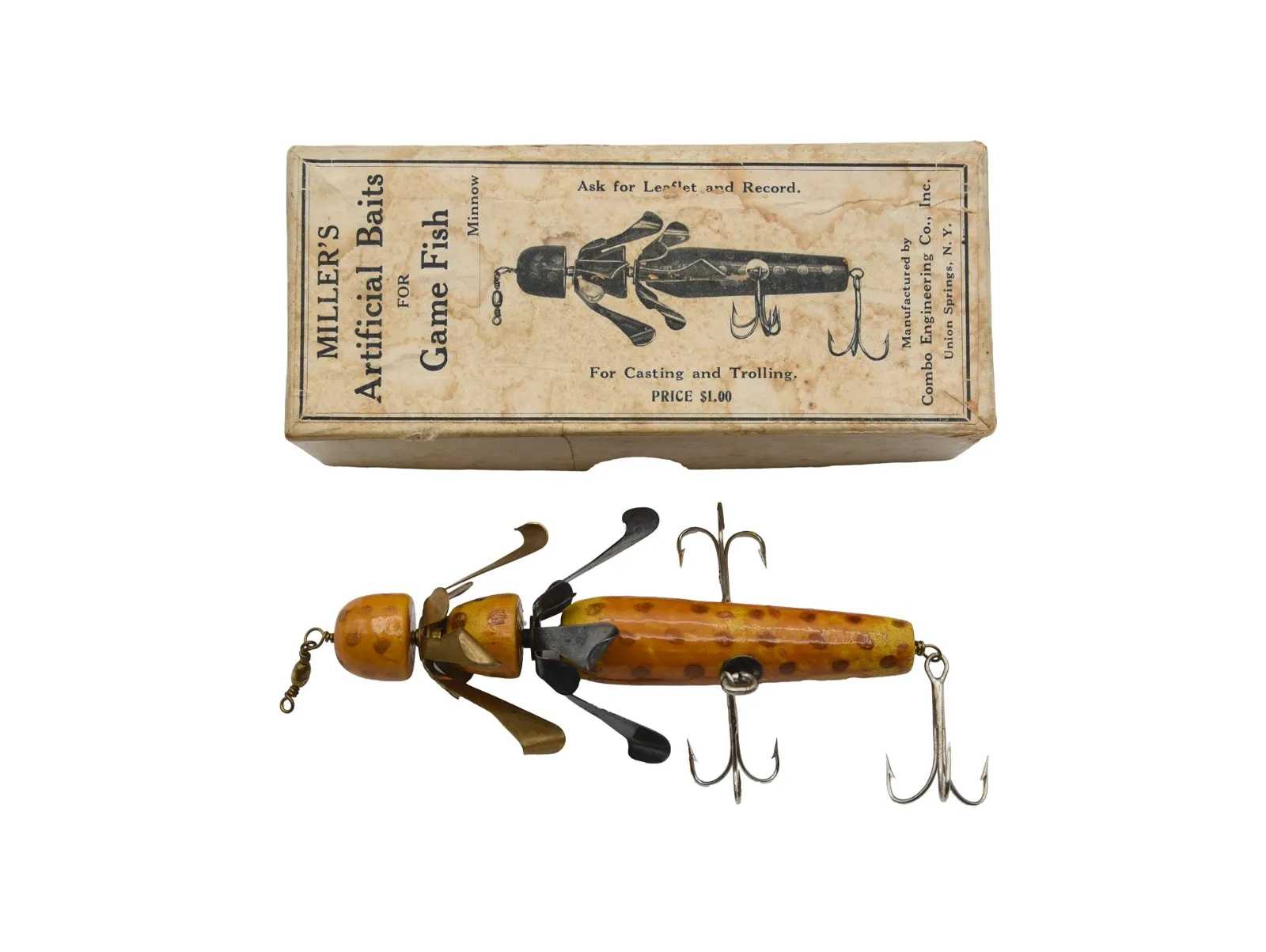 Miller's Artificial Baits For Game Fish Minnow lure with original box, estimated at $3,000-$4,000 at Blanchard’s Auction Service April 26.