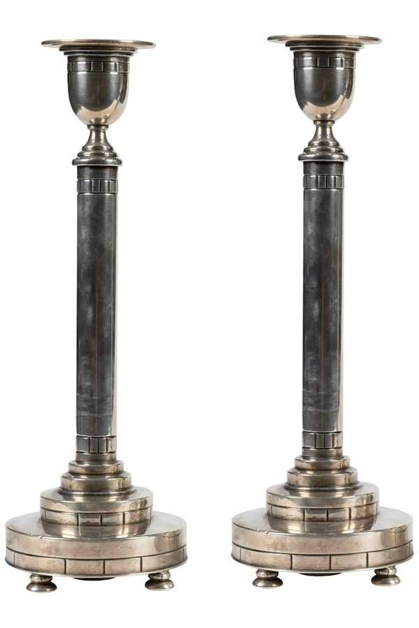 A pair of Erik Magnussen sterling candlesticks for Gorham brought $4,000 plus the buyer’s premium in August 2018. Image courtesy of Regency Auction House and LiveAuctioneers.