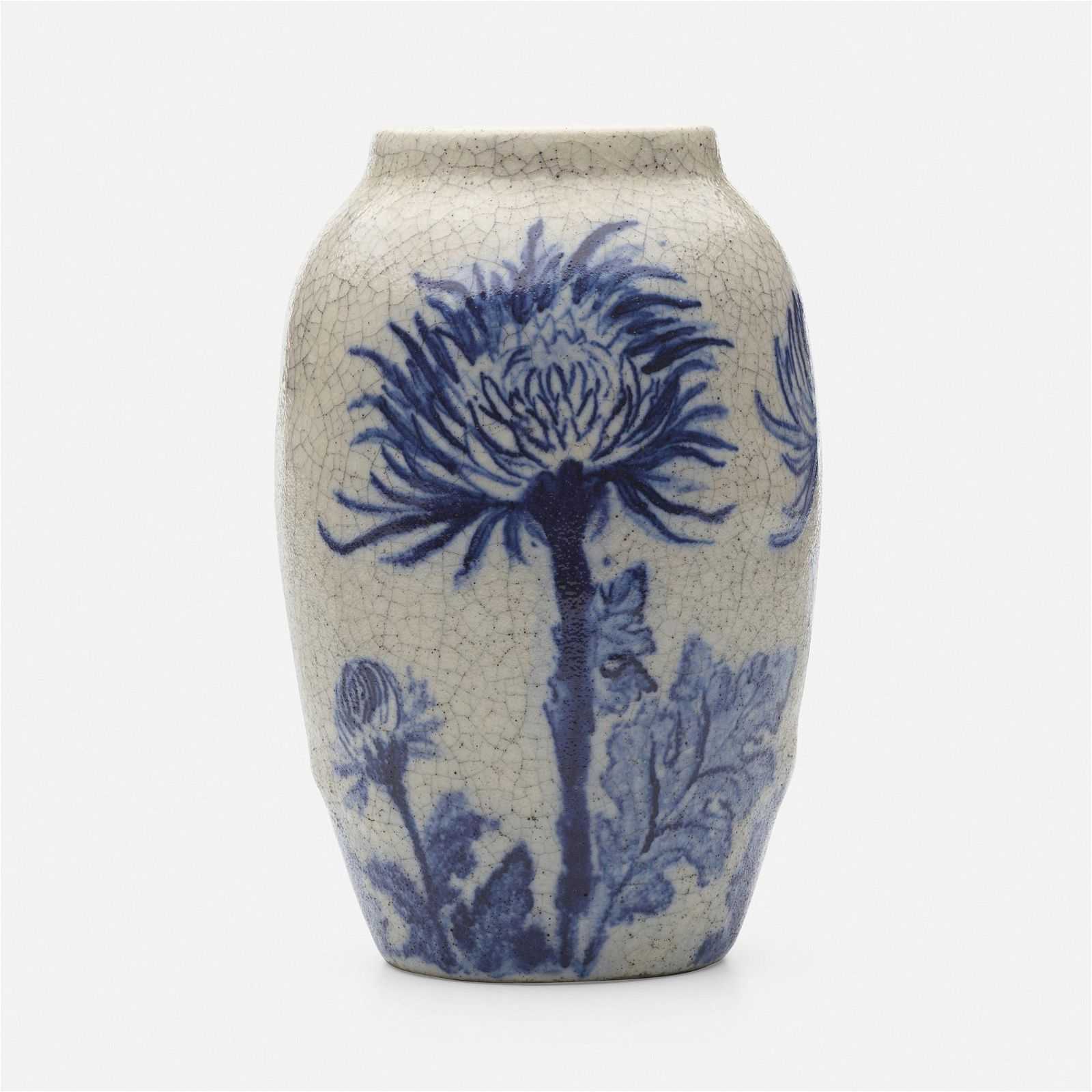 Hugh Robertson made this crackle-glazed stoneware vase for Dedham Pottery between 1898 and 1908, decorating it in cobalt with images of sunflowers. It secured $9,000 plus the buyer’s premium in February 2023. Image courtesy of Rago Arts and Auction Center and LiveAuctioneers.